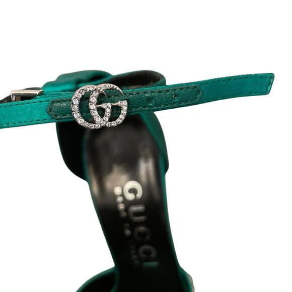 GUCCI Women's Satin High Heel Sandals with Crystals Size 37.5 US 7.5 Green New - Picture 9 of 16